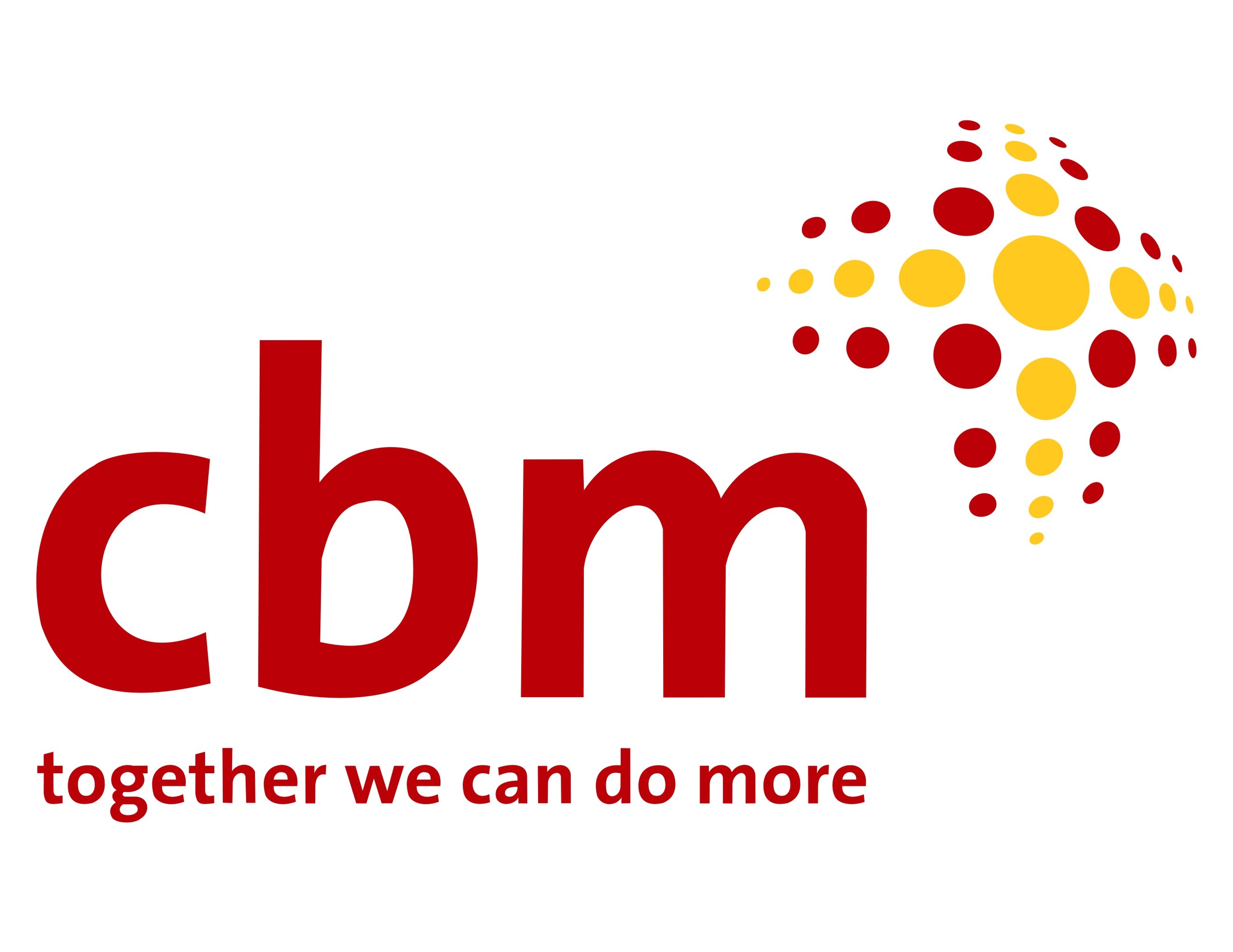 Logo of CBM. Red text reads ‘CBM together we can do more’. A yellow cross formed of dots curves away on the rights side, with red dots emphasizing the cross shape.